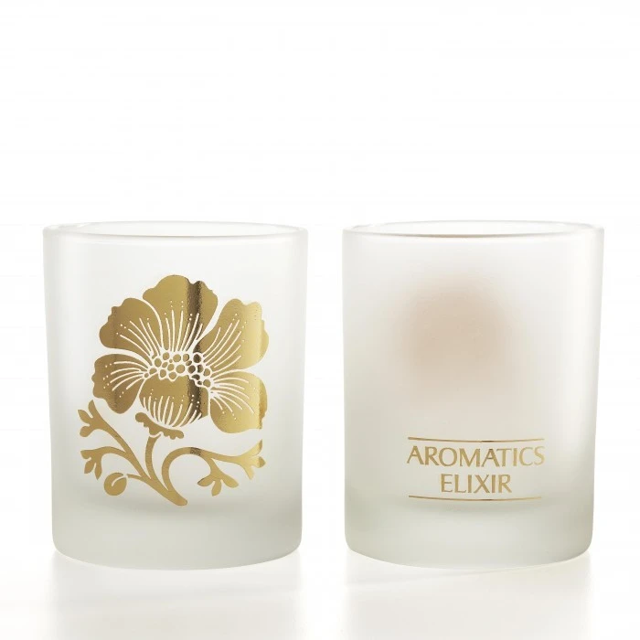 Frosted candle with gold Hot Stamp on front and back
